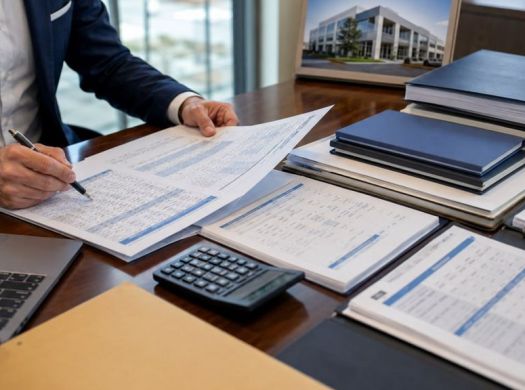 Commercial property financial package with spreadsheets, calculator, lease folders, and building photo.