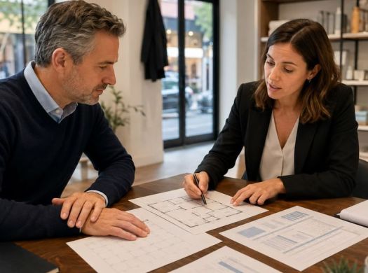 Business owner and advisor reviewing floor plans and lease renewal documents in a retail space.