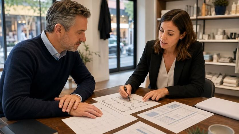 Business owner and advisor reviewing floor plans and lease renewal documents in a retail space.