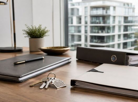 Market report binder, property notes, and keys on a desk overlooking Vancouver-style buildings.
