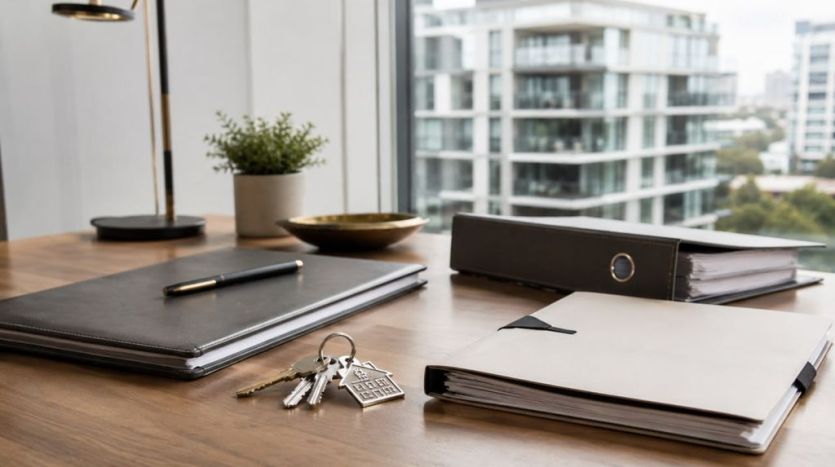 Market report binder, property notes, and keys on a desk overlooking Vancouver-style buildings.