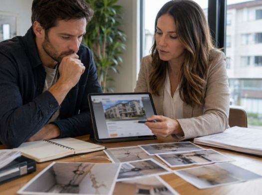 Buyer and advisor reviewing property damage photos and documents for a low-priced listing.