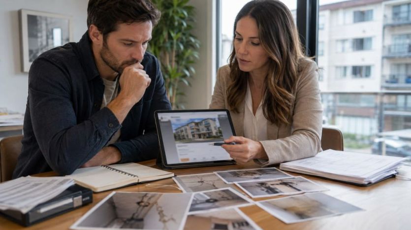 Buyer and advisor reviewing property damage photos and documents for a low-priced listing.