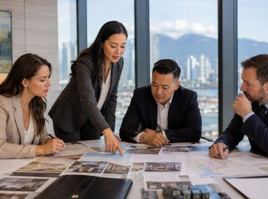 Professional real estate decision team reviewing property documents together.
