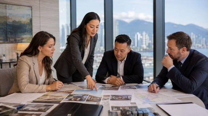 Professional real estate decision team reviewing property documents together.