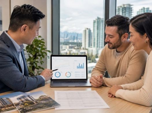 Advisor reviewing interest rate scenarios and buying power with clients.