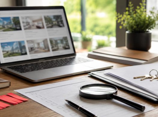 Laptop with property listings, red sticky notes, magnifying glass, and checklist for listing red flags.