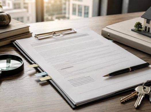 Real estate contract, magnifying glass, keys, and house model for as-is where-is due diligence.