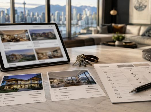 Tablet with property listings beside printed property cards and a comparison checklist.