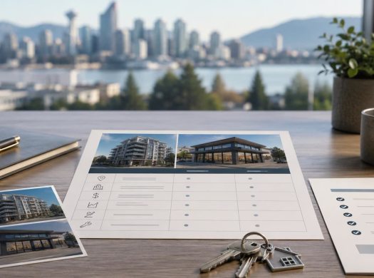 Property comparison board with residential and commercial options, illustrating resale value planning before buying.