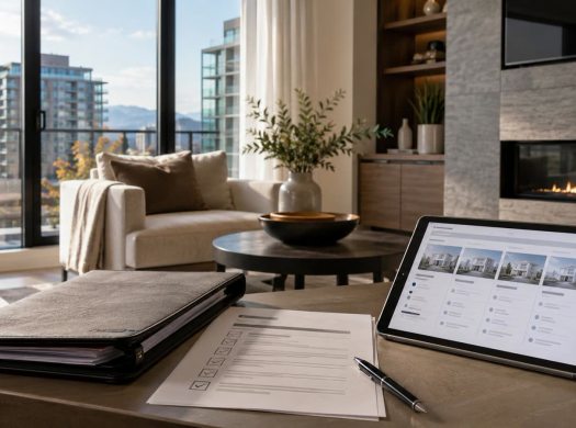 Condo living room with buyer checklist and tablet property comparison, illustrating buyer due diligence.