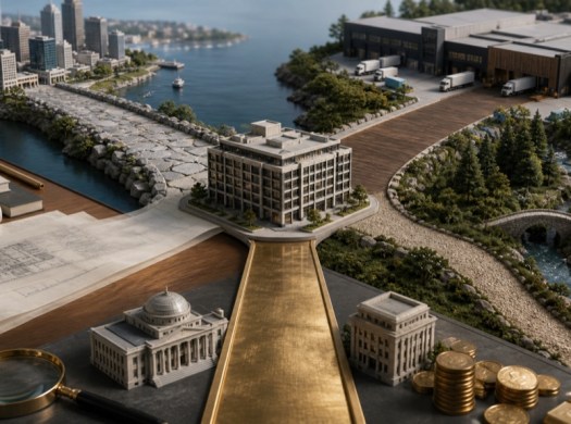 Five distinct due-diligence paths converge on one commercial property model