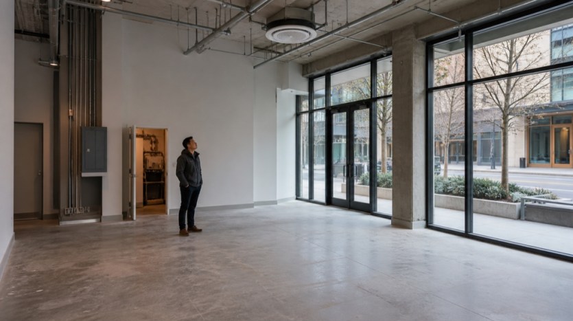 Prospective tenant inspects the systems and constraints of an unfurnished commercial space
