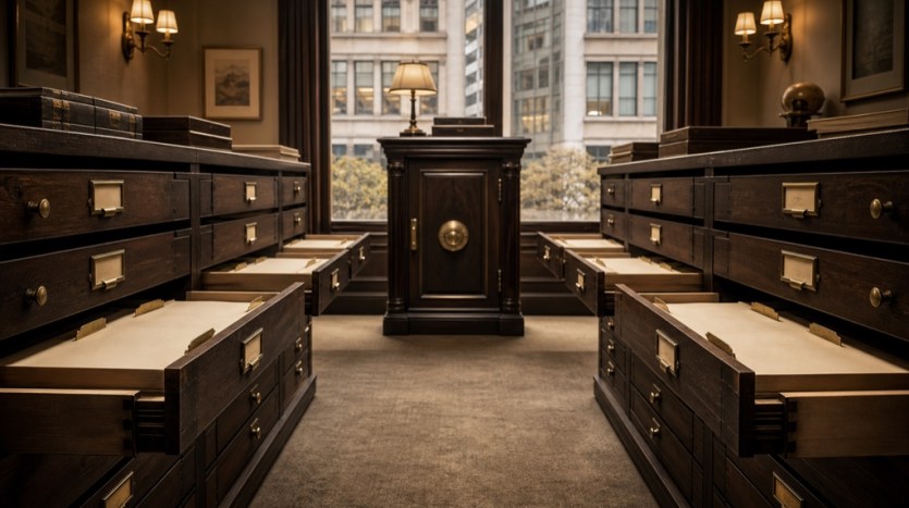 Commercial closing records are organized in open archival drawers leading to one secure central file