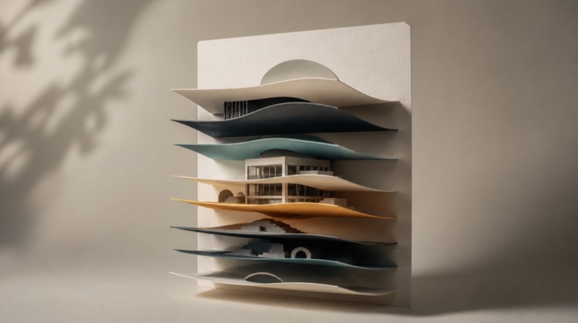 Layered paper sculpture showing a commercial lease abstract as one integrated building overview