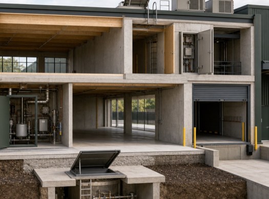 An open commercial building section reveals practical access to rooftop, electrical, mechanical, loading and below-grade areas