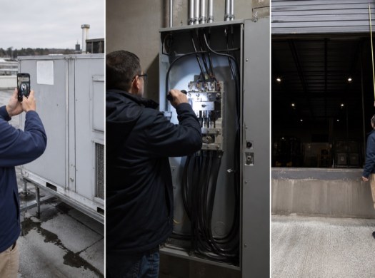 Commercial site visit evidence captured at rooftop equipment, electrical service and loading bay