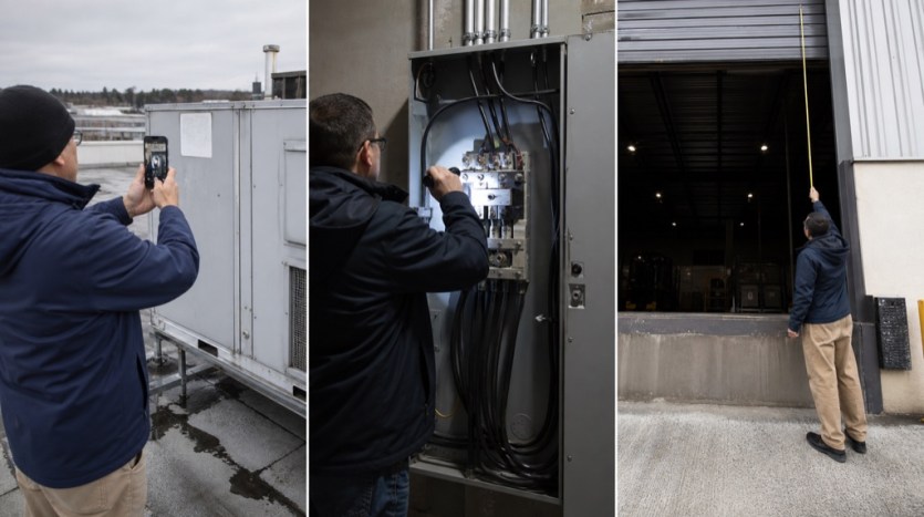 Commercial site visit evidence captured at rooftop equipment, electrical service and loading bay