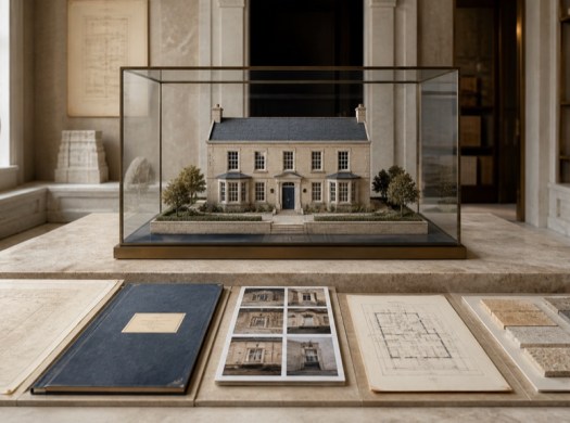 A property model is reviewed alongside plans, inspection images, title records and material samples before an opinion is formed