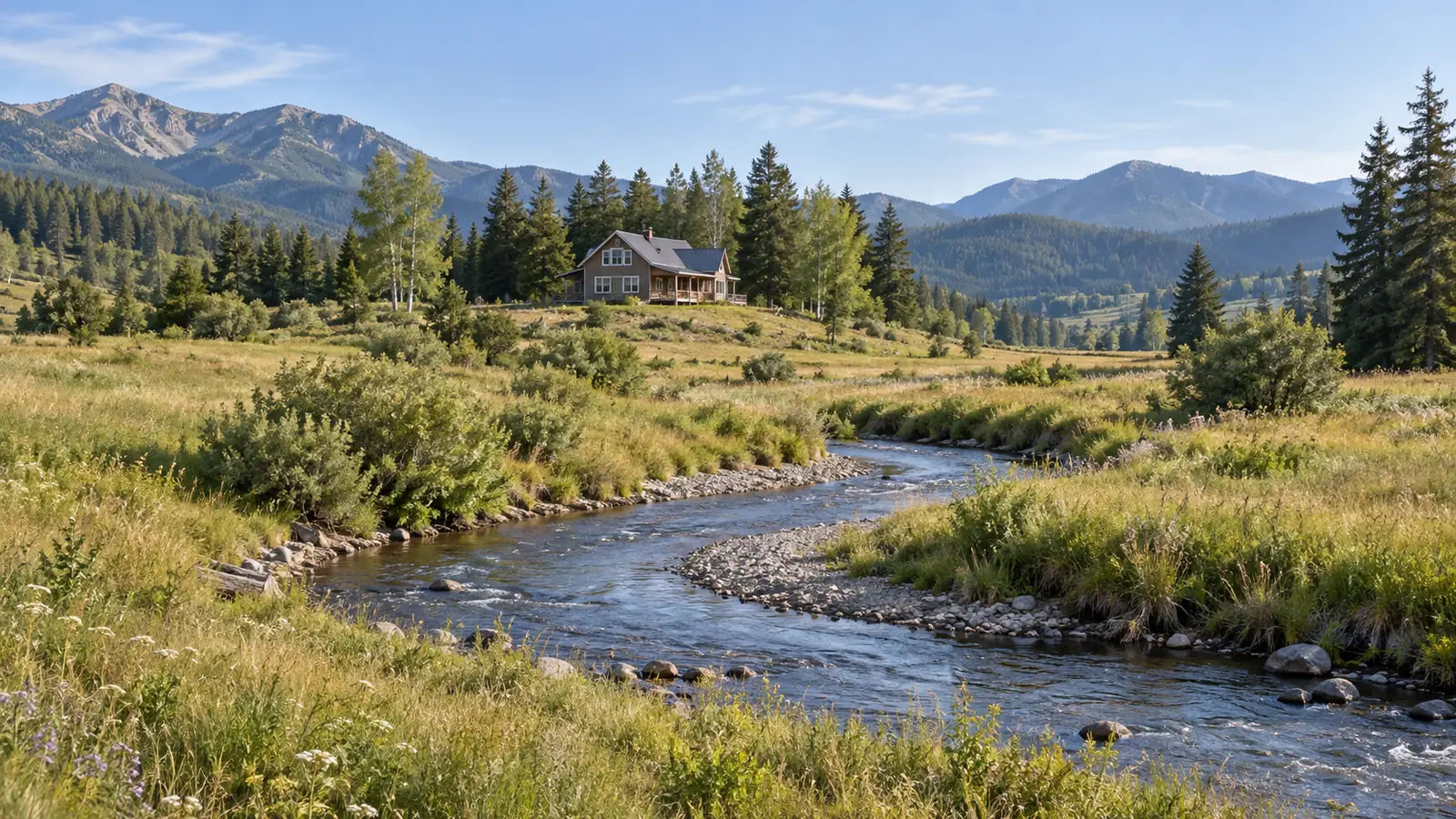Illustrated stream curves through a meadow below a rural home and wooded hillside.