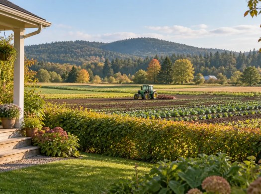 A home’s veranda and garden border cultivated fields with a tractor working beyond them.