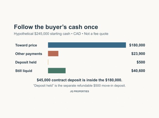 A hypothetical $245,000 cash budget allocates $180,000 toward the price, $23,900 to other payments, $500 held and $40,600 still liquid.