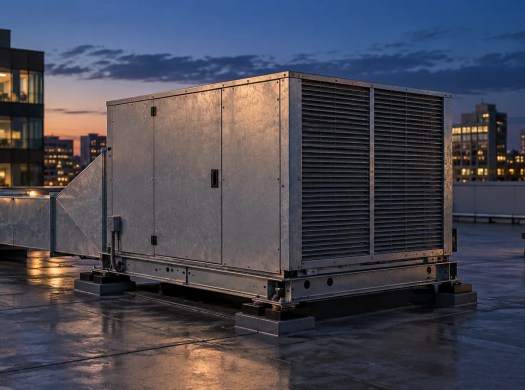 Illustrated rooftop heating and cooling equipment at blue hour, with lit office windows behind it.