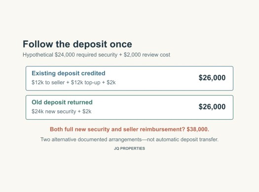 Two hypothetical deposit arrangements each need $26,000, while paying both full new security and seller reimbursement produces $38,000.