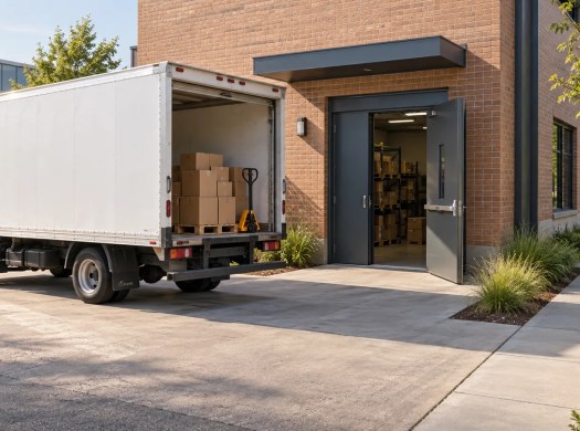 A small delivery truck with boxed cargo is parked outside a ground-level commercial receiving entrance.