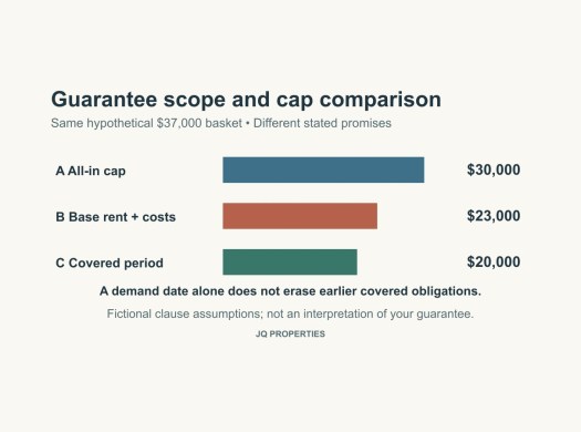 Three fictional guarantee promises produce covered comparison amounts of $30,000, $23,000 and $20,000 from a $37,000 basket.