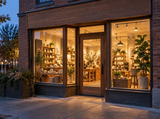 Illustrated brick-and-timber storefront glows at dusk, with shelves and plants visible through the windows.