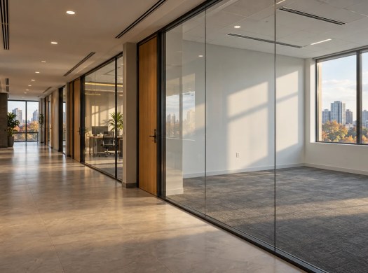 Illustrated office corridor with an empty suite beside occupied space and shared lighting.