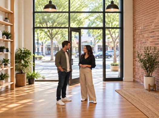 Two adults discuss an empty commercial unit while standing near its storefront entrance.