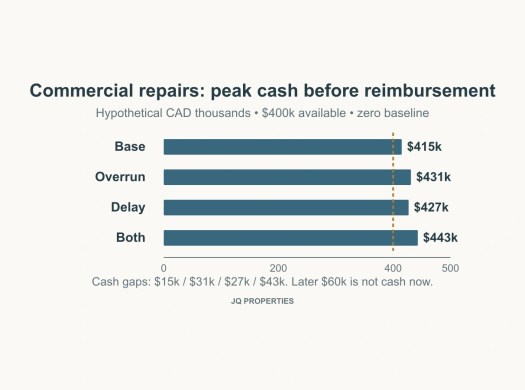 Four hypothetical peak cash requirements of $415,000, $431,000, $427,000 and $443,000 exceed a $400,000 available-cash line.