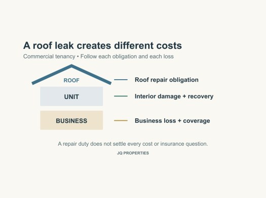 A simplified building diagram separates roof repair, interior damage and business-loss questions.