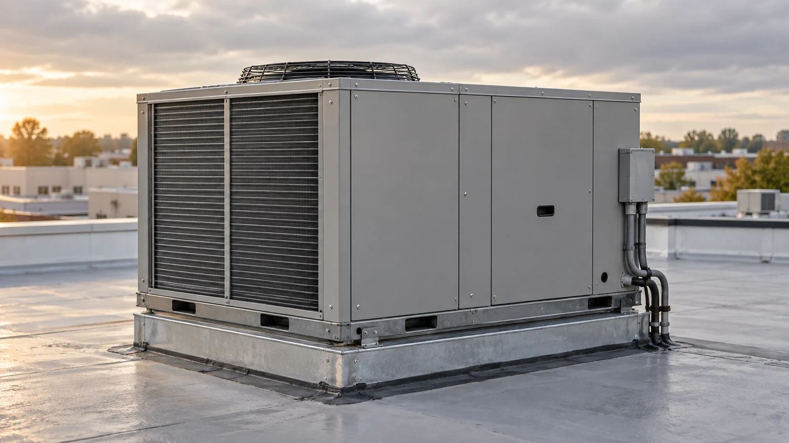 Illustrated closed rooftop HVAC unit with coil faces and service connections on a commercial roof.