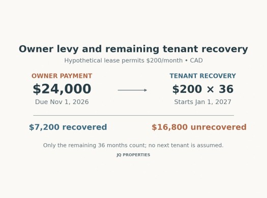 A $24,000 owner levy precedes 36 monthly tenant recoveries of $200, leaving $16,800 unrecovered.