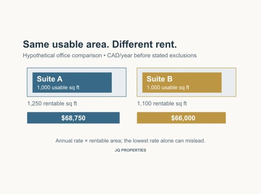 Two hypothetical offices each have 1,000 usable square feet but annual costs of $68,750 and $66,000 on different rentable areas.