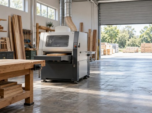 An enclosed workshop machine stands near a clear aisle and a large delivery opening.