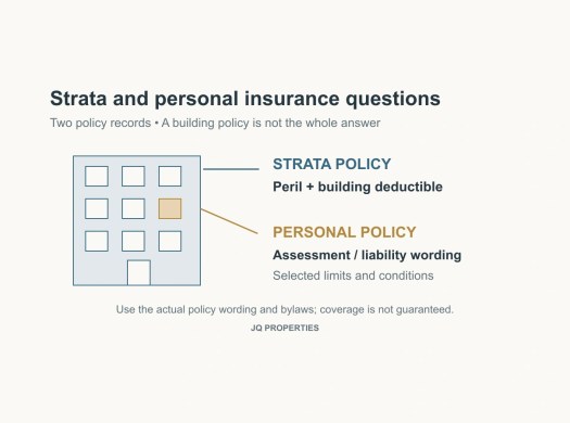 A building and highlighted unit connect to separate strata-policy and personal-policy questions.