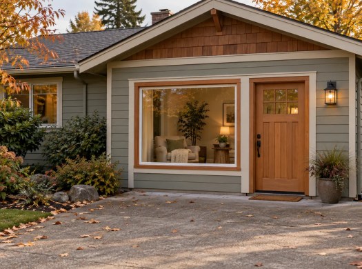 A broad former garage opening is filled with a window and door, with a sitting area visible inside.