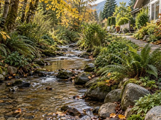 A shallow creek flows through rocks and planted banks beside a garden and home.
