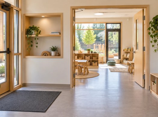 A daycare entry opens toward a furnished classroom and an outdoor garden doorway.