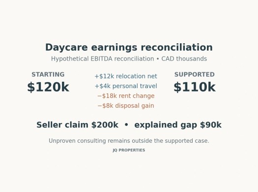 A hypothetical reconciliation adjusts $120,000 starting earnings to $110,000, below a $200,000 seller claim.