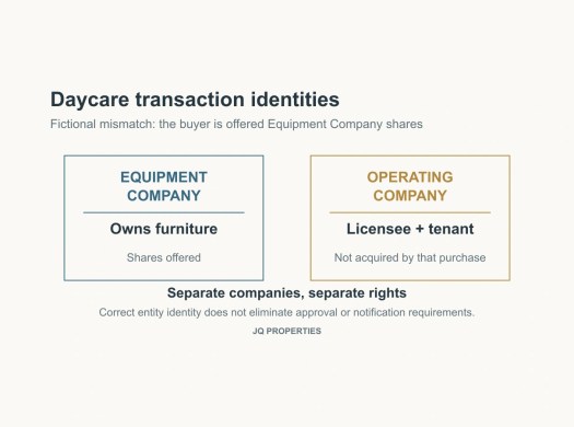 Two fictional companies are separated: one owns furniture and offers shares, while the other is the licensee and tenant.