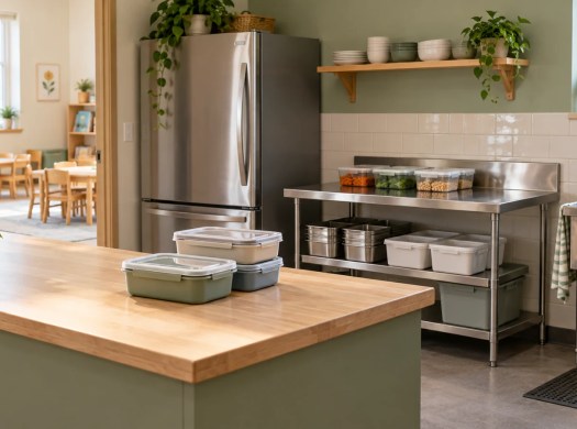 Covered meal containers, a refrigerator and a preparation counter sit beside a child-care room.