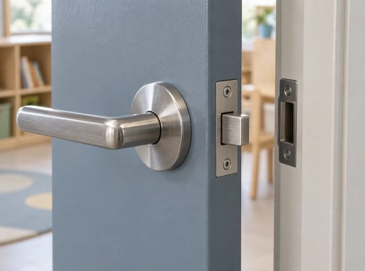 A door lever, latch edge and strike plate with classroom storage in the background.