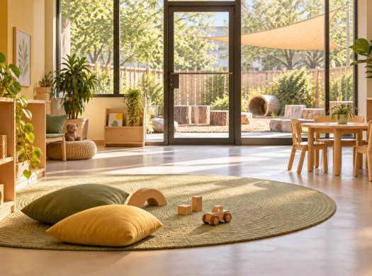 Illustrated daycare playroom with low shelves and access to a fenced outdoor play area.