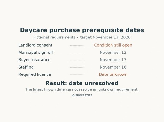 A fictional prerequisite list keeps completion unresolved when the required licence date is unknown.