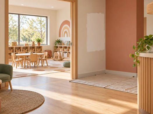 A child-care reception area has a visible primer patch, floor protection and an adjoining furnished playroom.
